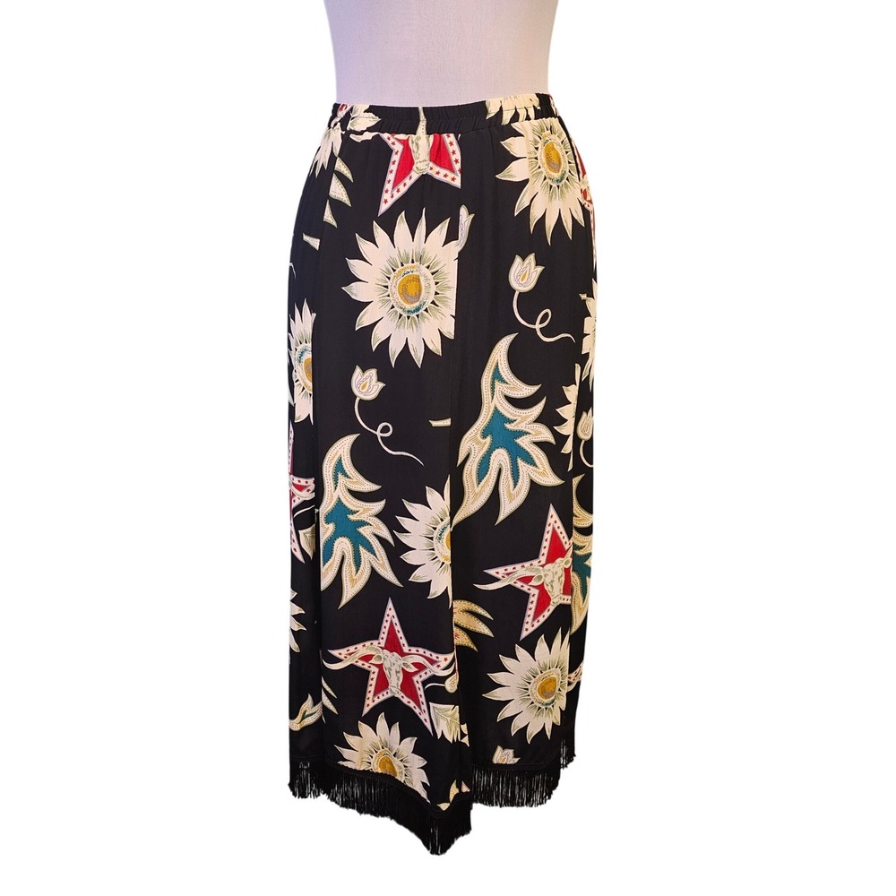 Vintage 90s‎ Western Rayon Maxi Skirt Fringe Longhorn Sunflower USA Size 8